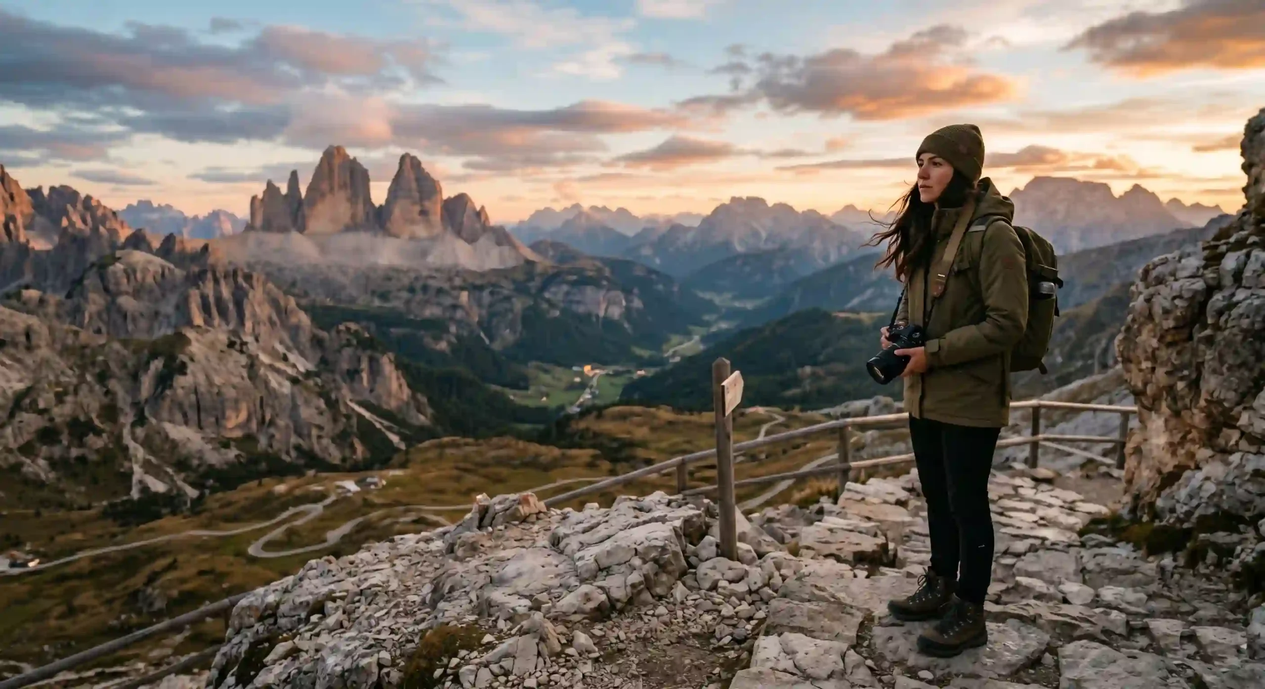 A lady standing on mountains with a camera in hand 